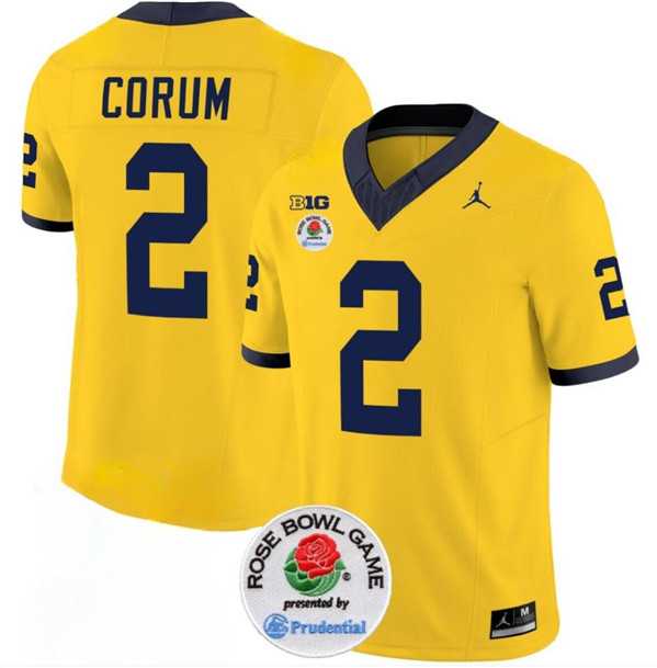 Men's Michigan Wolverines #2 Blake Corum 2023 F.U.S.E. Yellow Rose Bowl Patch Stitched Jersey Dzhi
